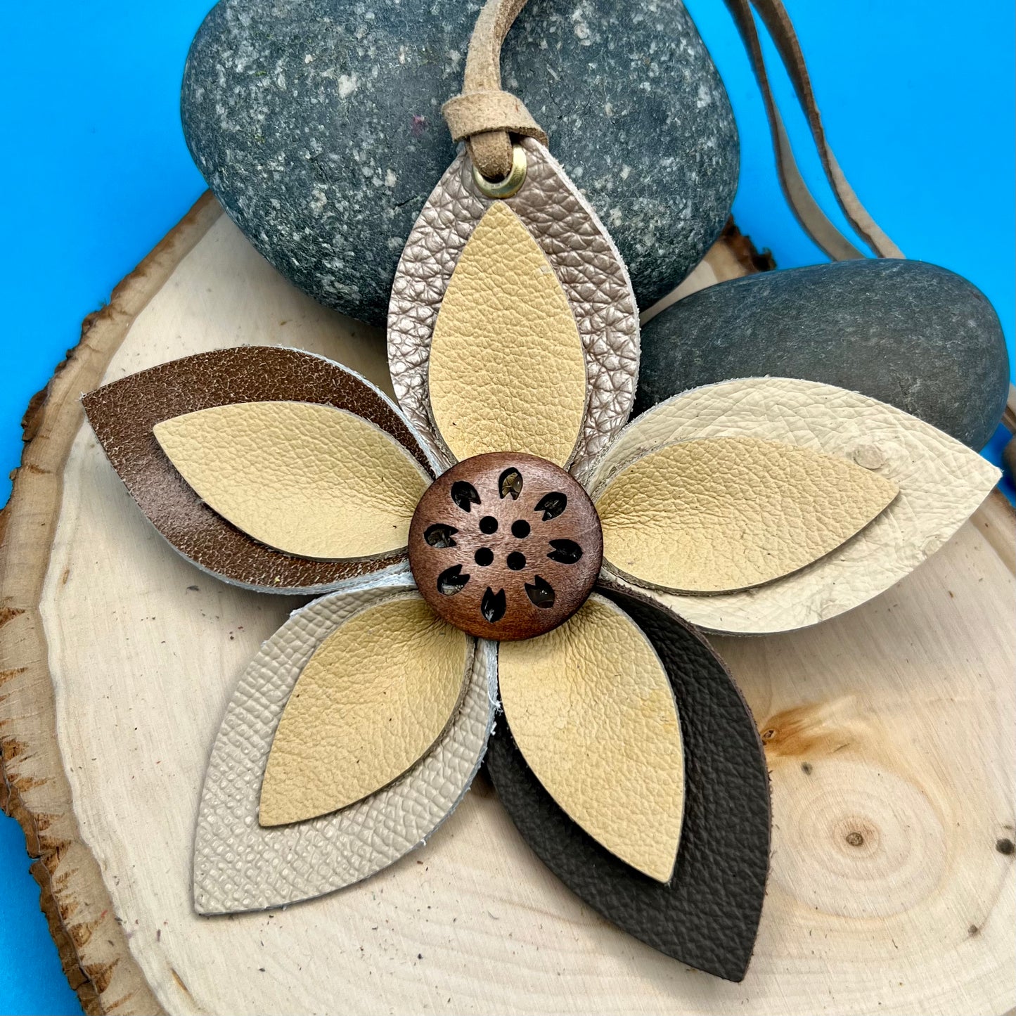Leather Flower Bag Charm - Large Flower with Loop - Beige and Brown Multi