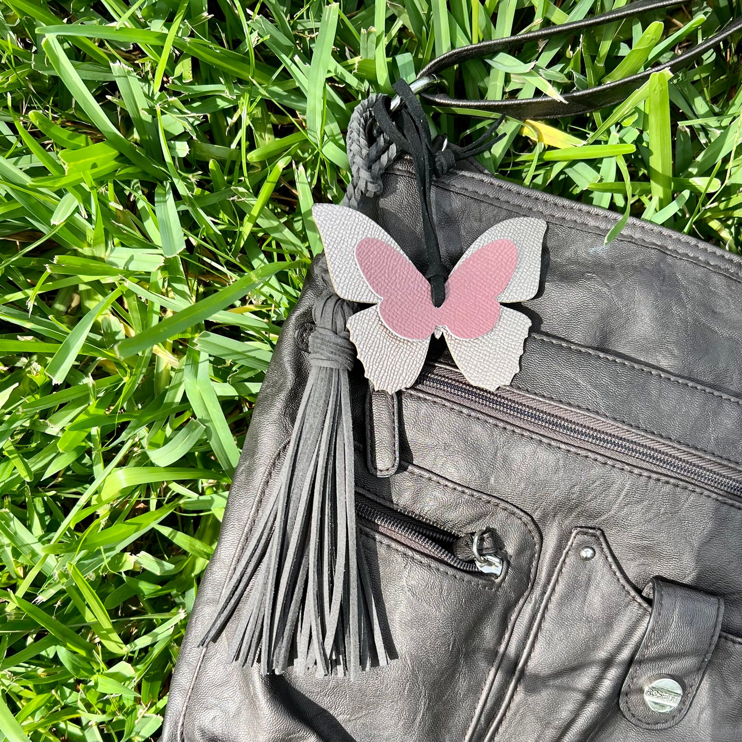 pink and rose gold butterfly bag charm