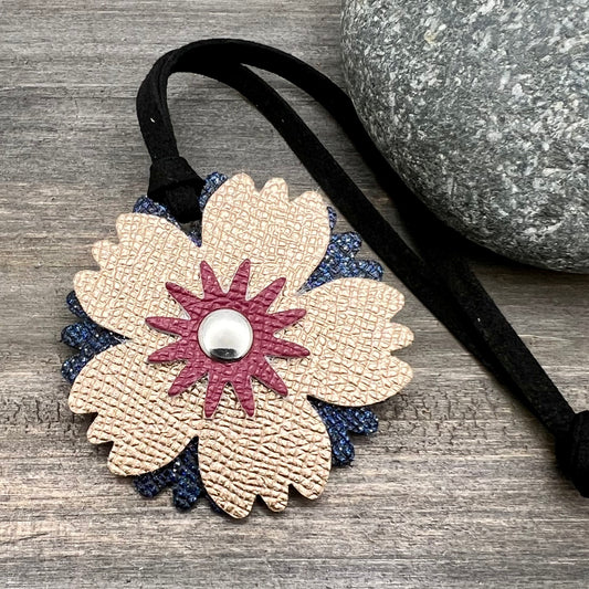 Small Leather Flower Purse Charm -  Rose Gold and Blue