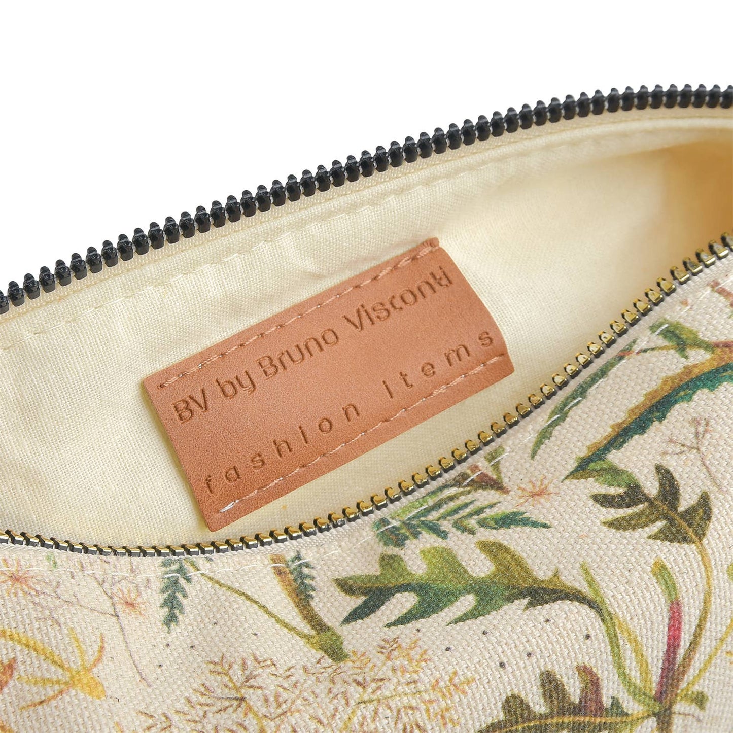 Close-up of a pouch with floral pattern and 'BV by Bruno Visconti' label.