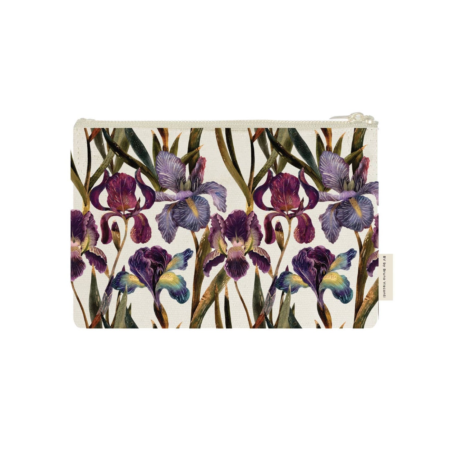 Floral-patterned pouch with purple and green flowers on a beige background