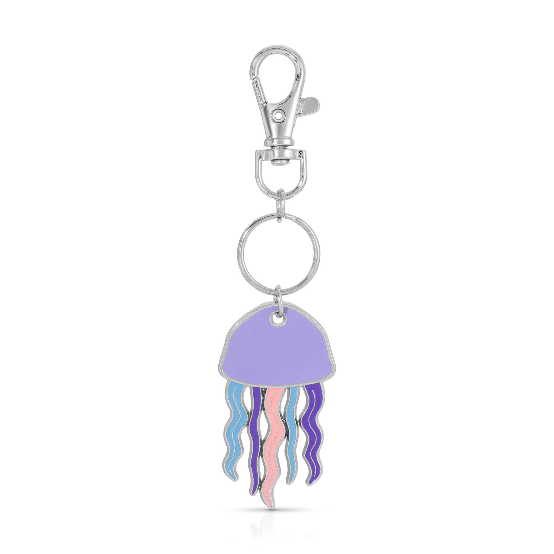 A jellyfish keychain charm with a silver-tone lobster clasp and key ring, featuring a lavender purple bell and wavy tentacles in pastel blue, pink, and purple, shown on a white background.