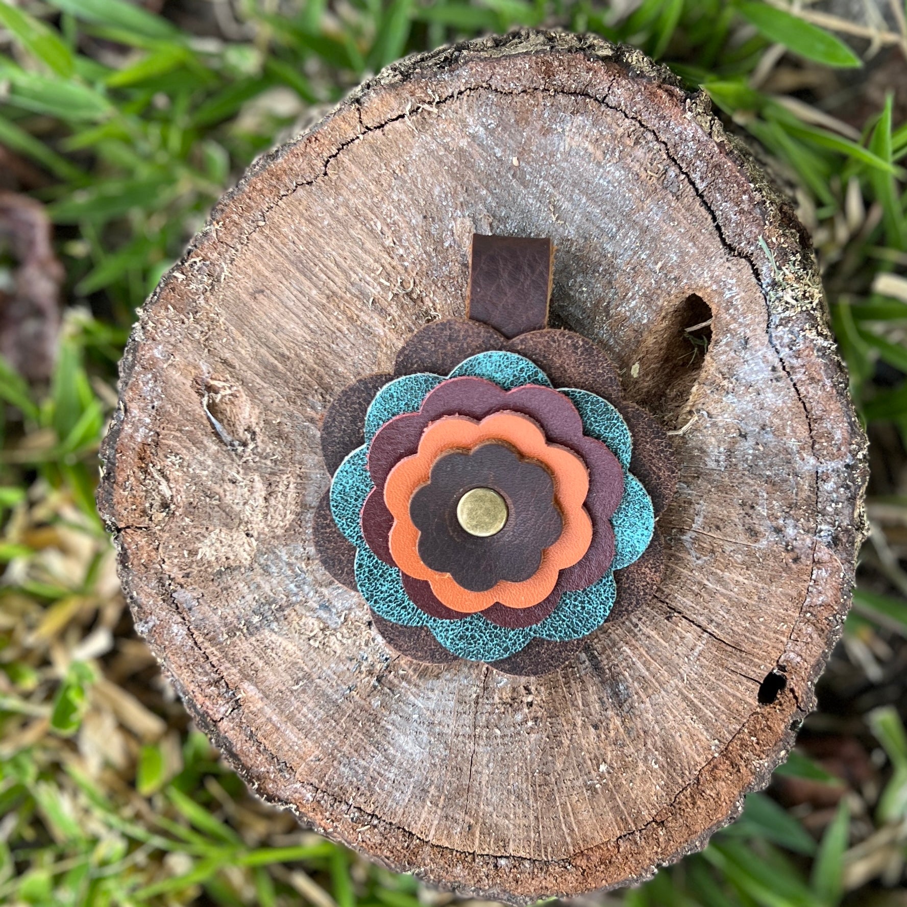 layered leather flower purse charm