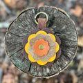 Leather Flower Bag Charm - Brown, Yellow and Orange