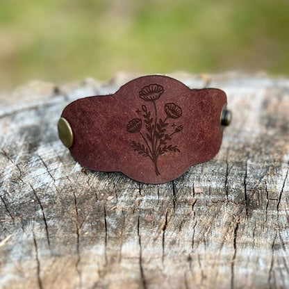 leather bandana slide with poppy flowers in dark brown