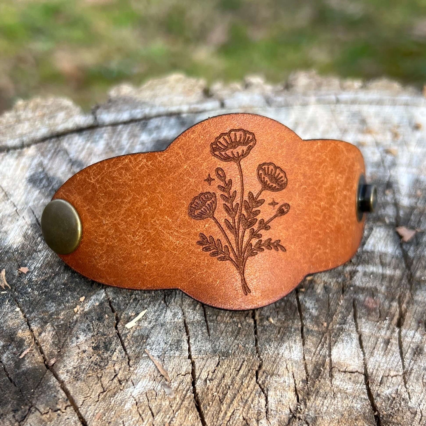 leather bandana slide with poppy flowers in rustic brown