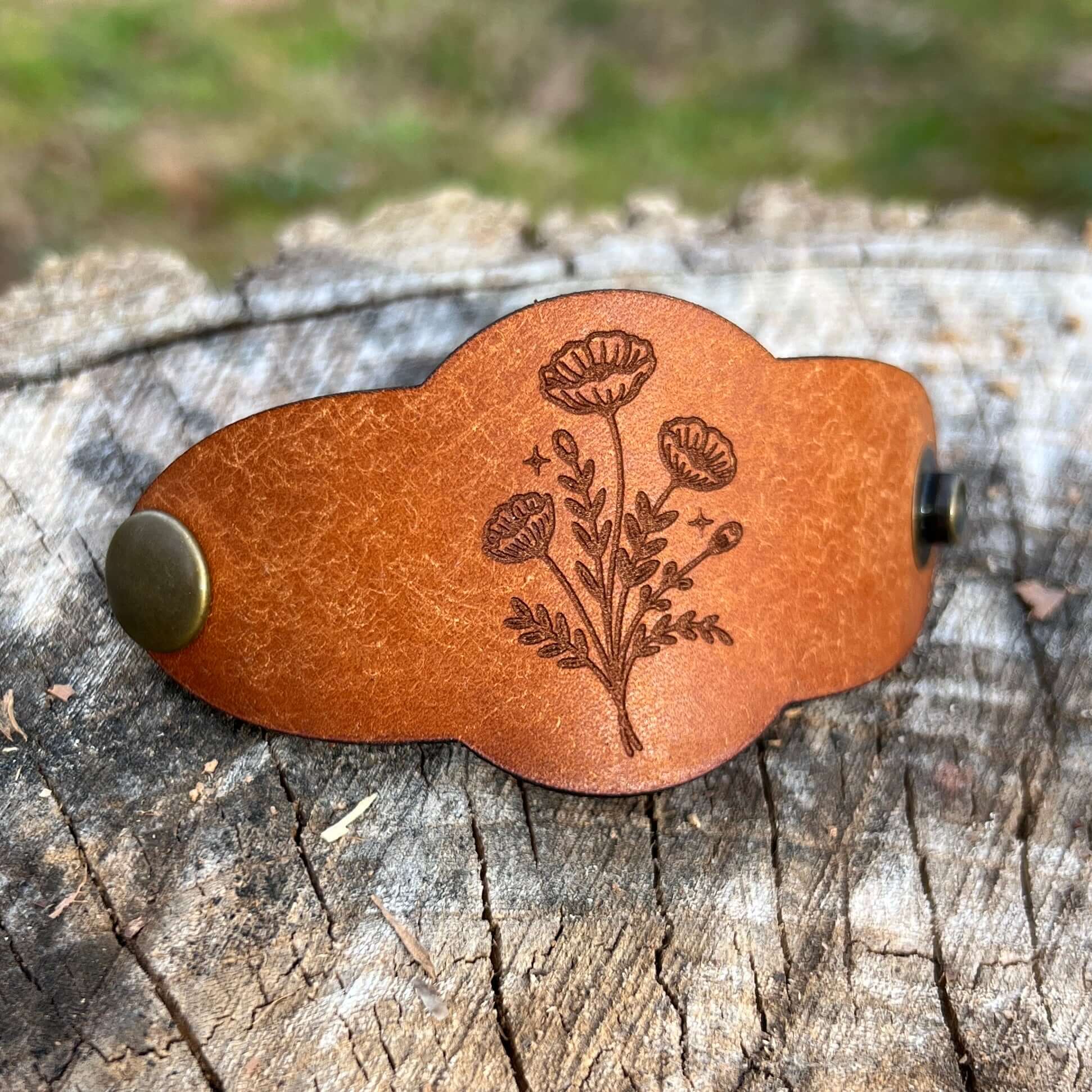 leather bandana slide with poppy flowers in rustic brown