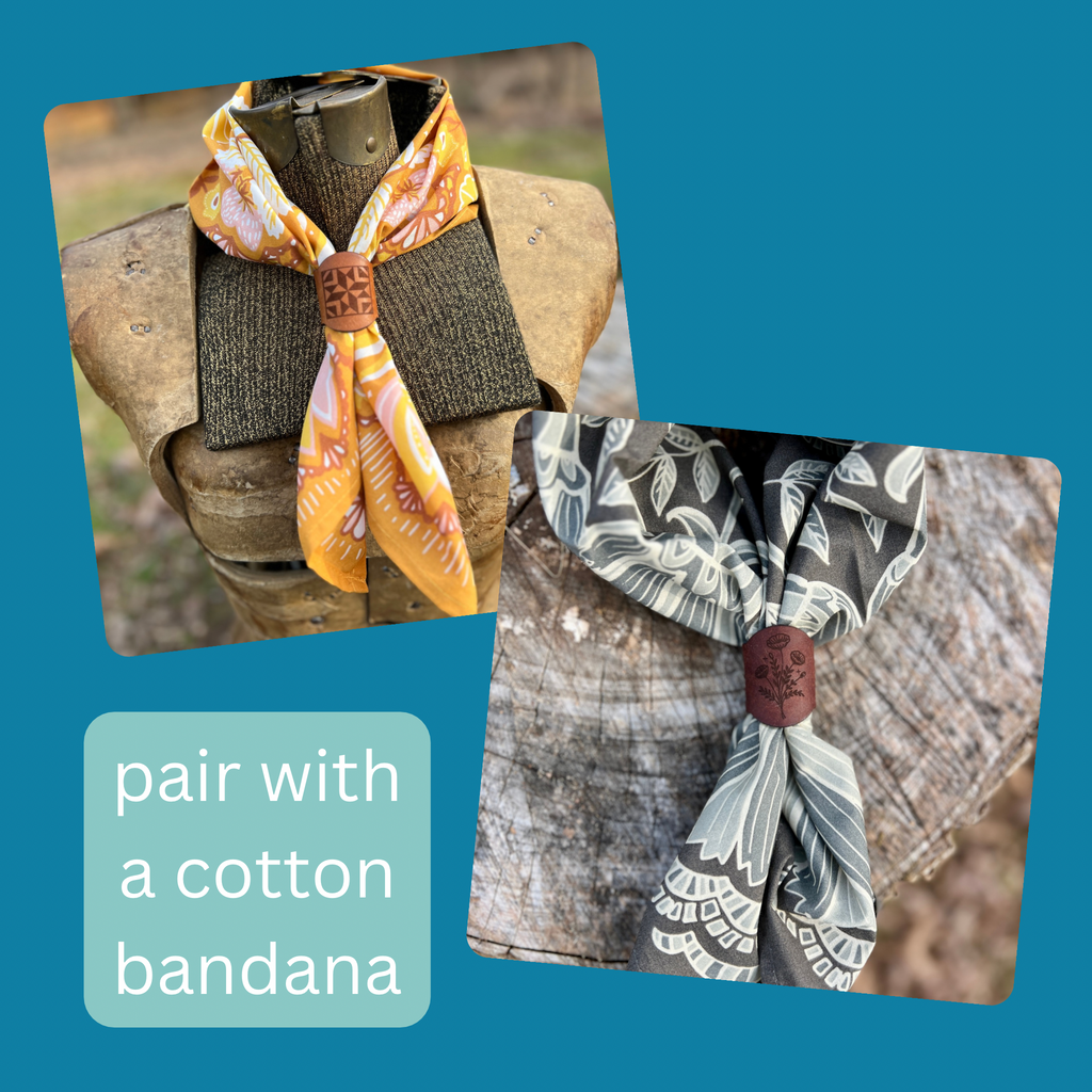 Two bandanas tied around a wooden post with text 'pair with a cotton bandana' on a blue background.