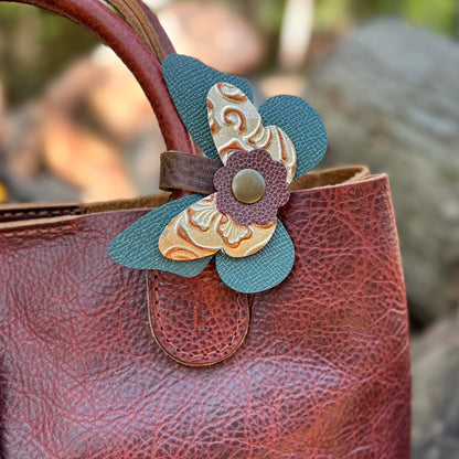 leather butterfly snap on bag charm in teal, orange and purple