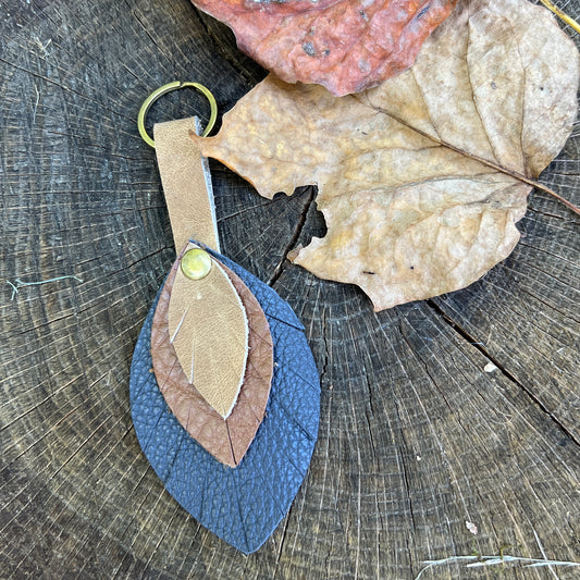 leather flower bag charm in brown and blue