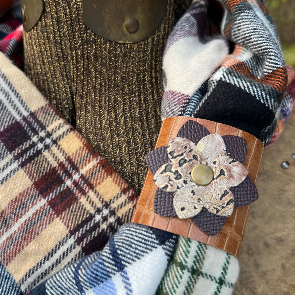 leather scarf cuff with flower