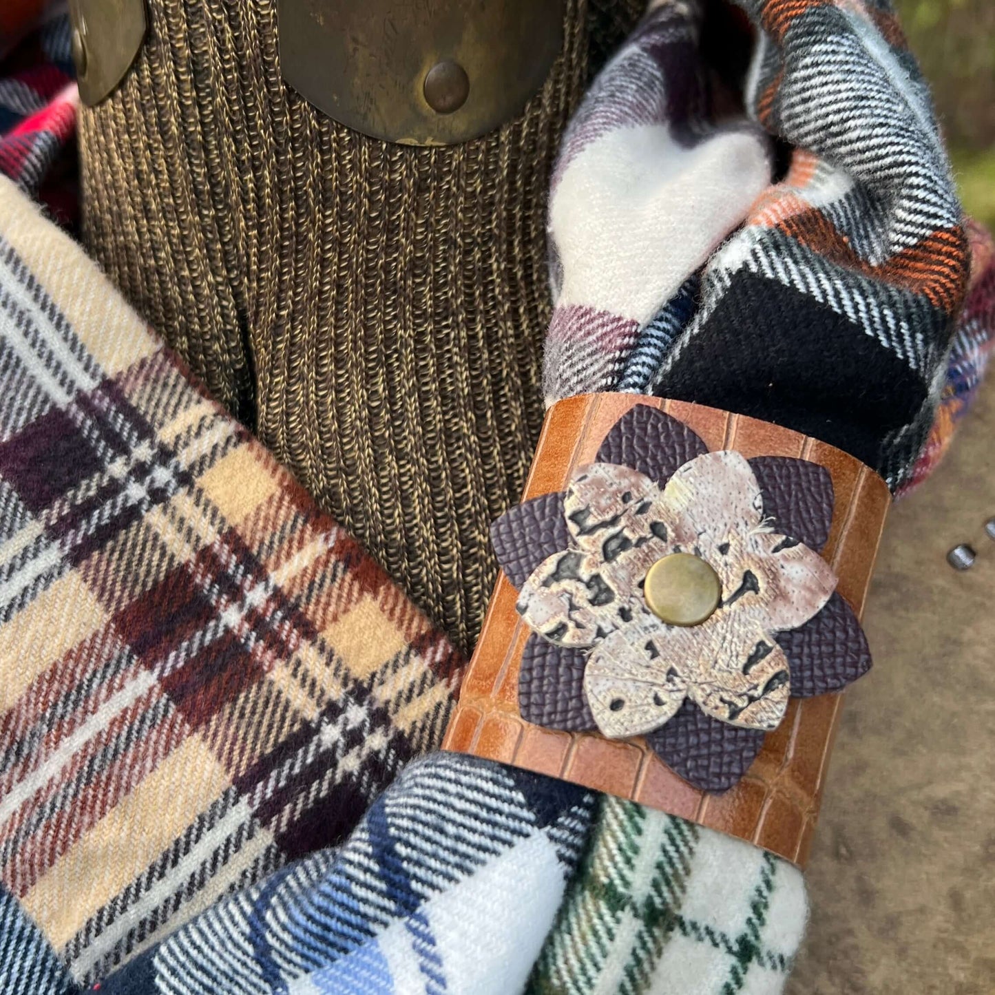 leather scarf cuff with flower