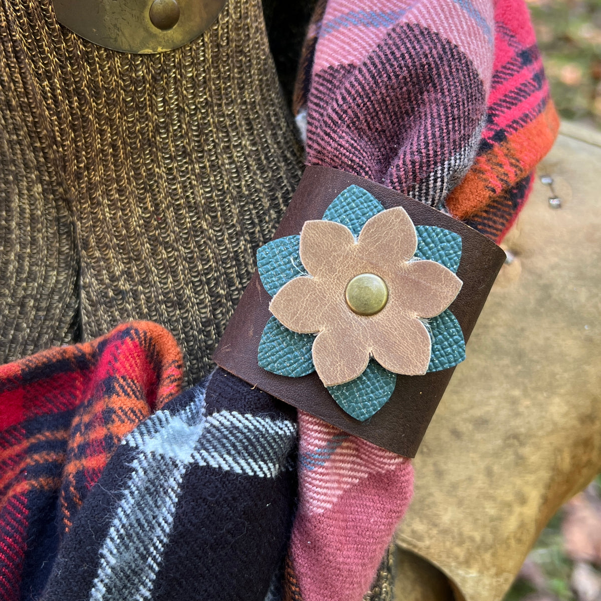 leather scarf cuff with flower on plaid flannel scarf