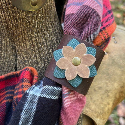 leather scarf cuff with flower on plaid flannel scarf