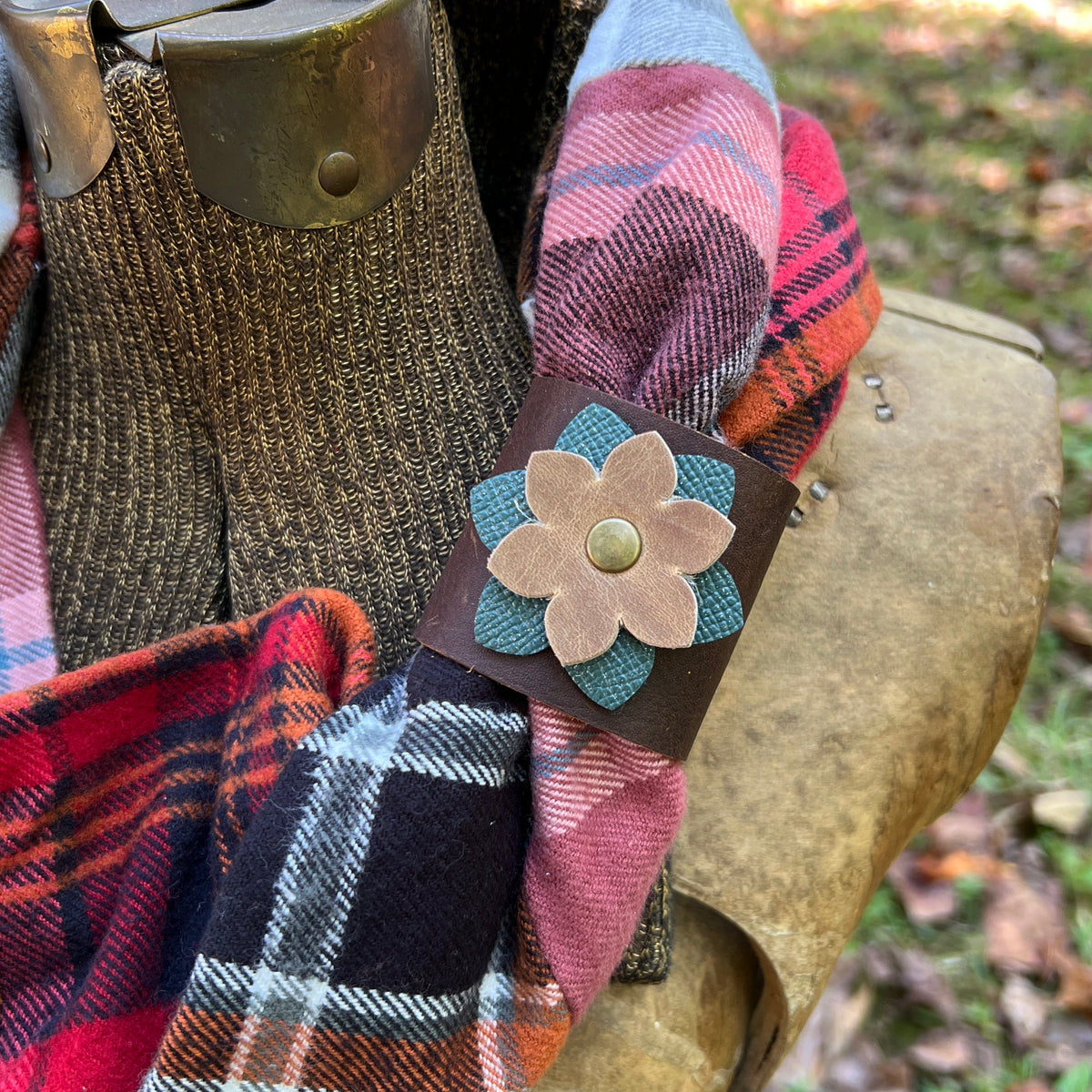 leather scarf cuff with flower on plaid flannel scarf
