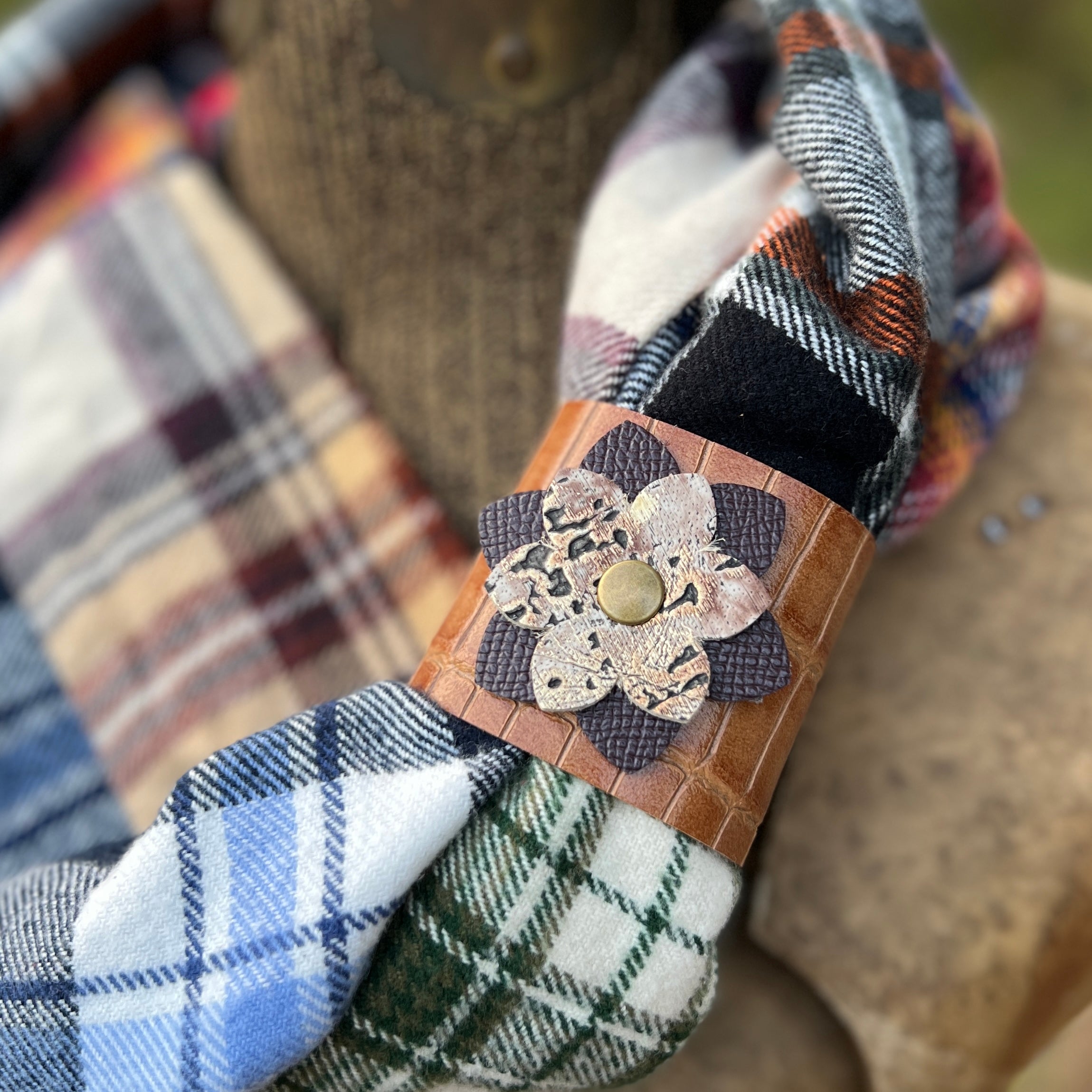 leather scarf cuff with flower