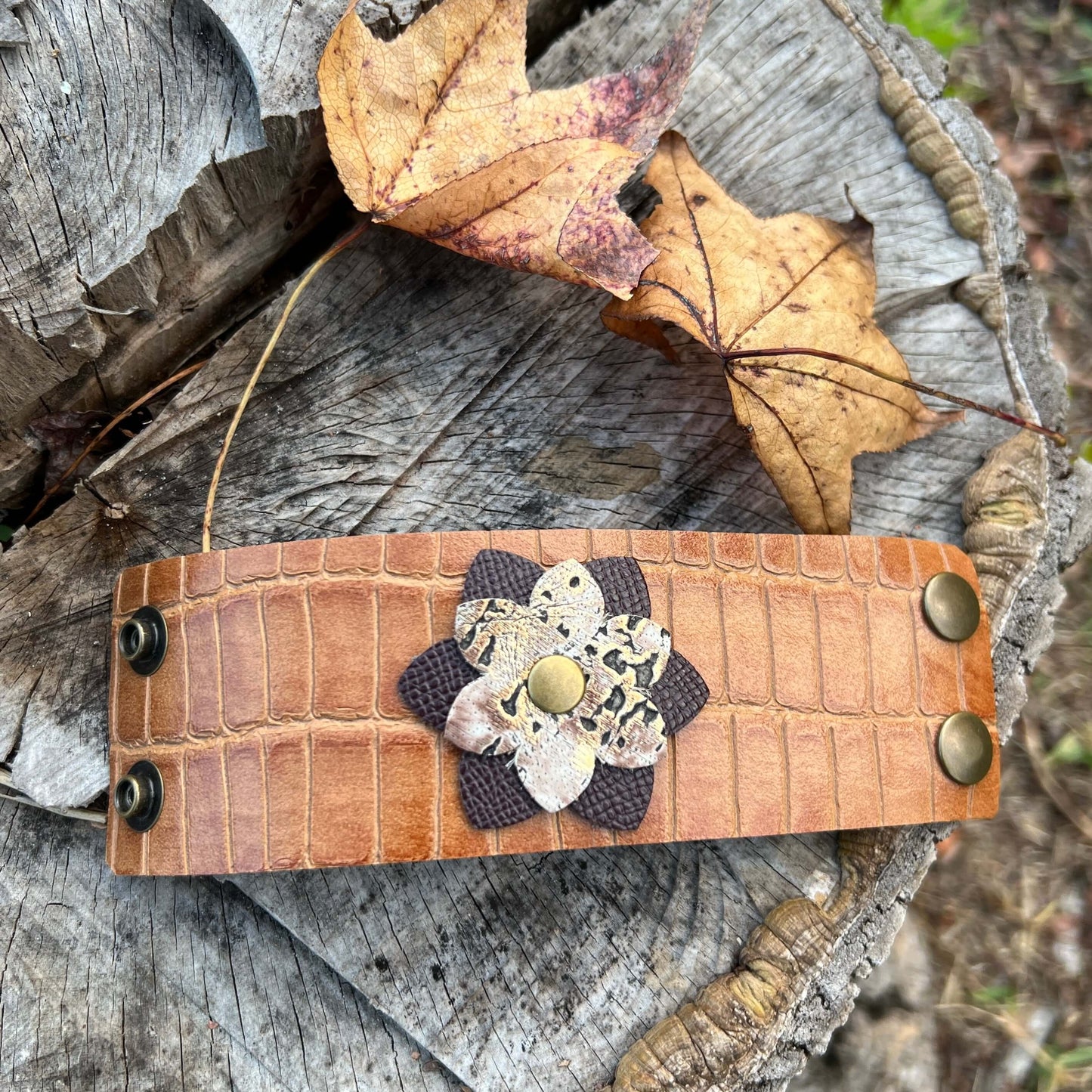 leather scarf cuff with flower