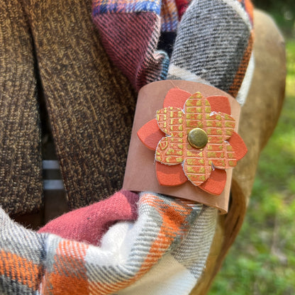 leather scarf cuff with orange flower on plaid flannel scarf