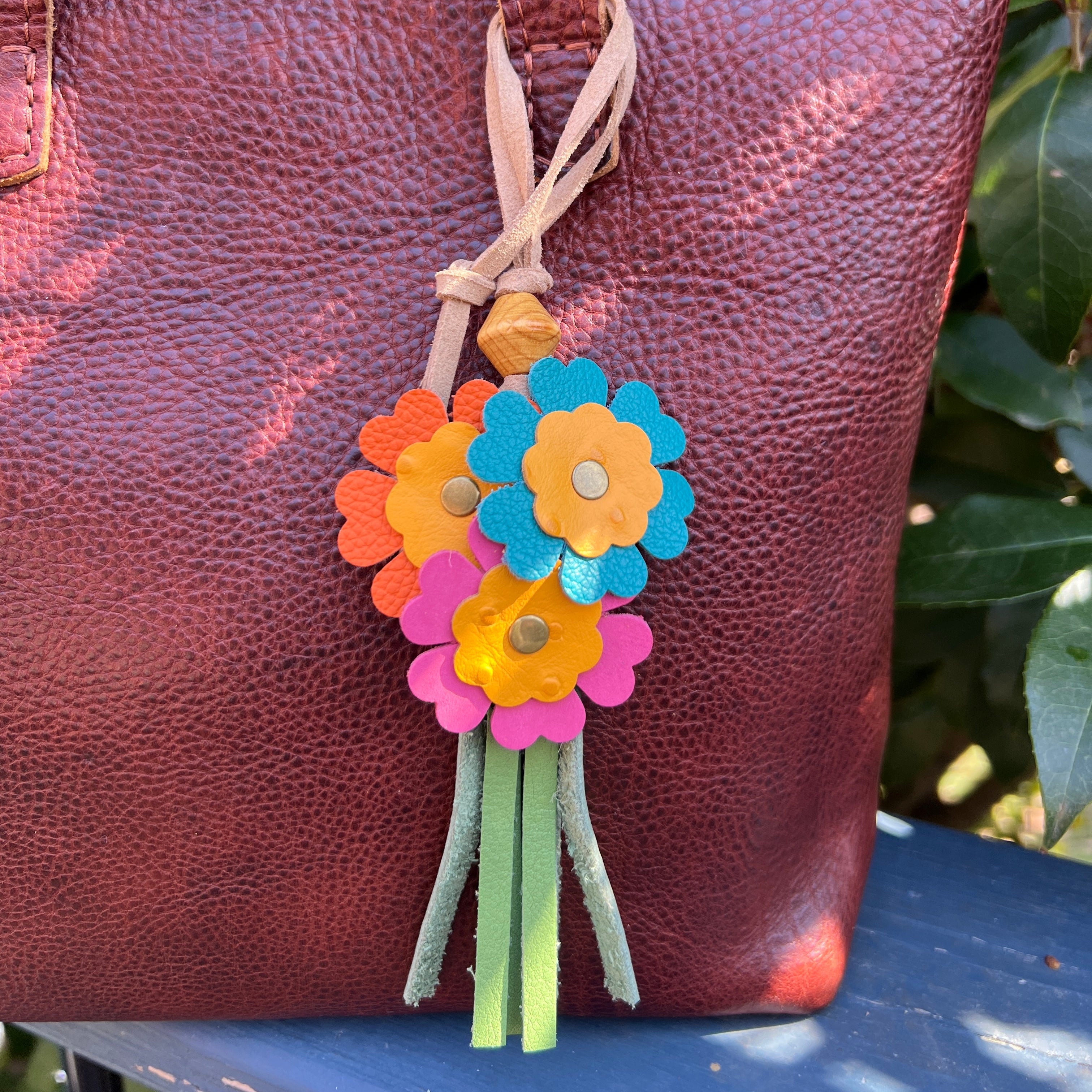 leather tassel and flowers bag charm