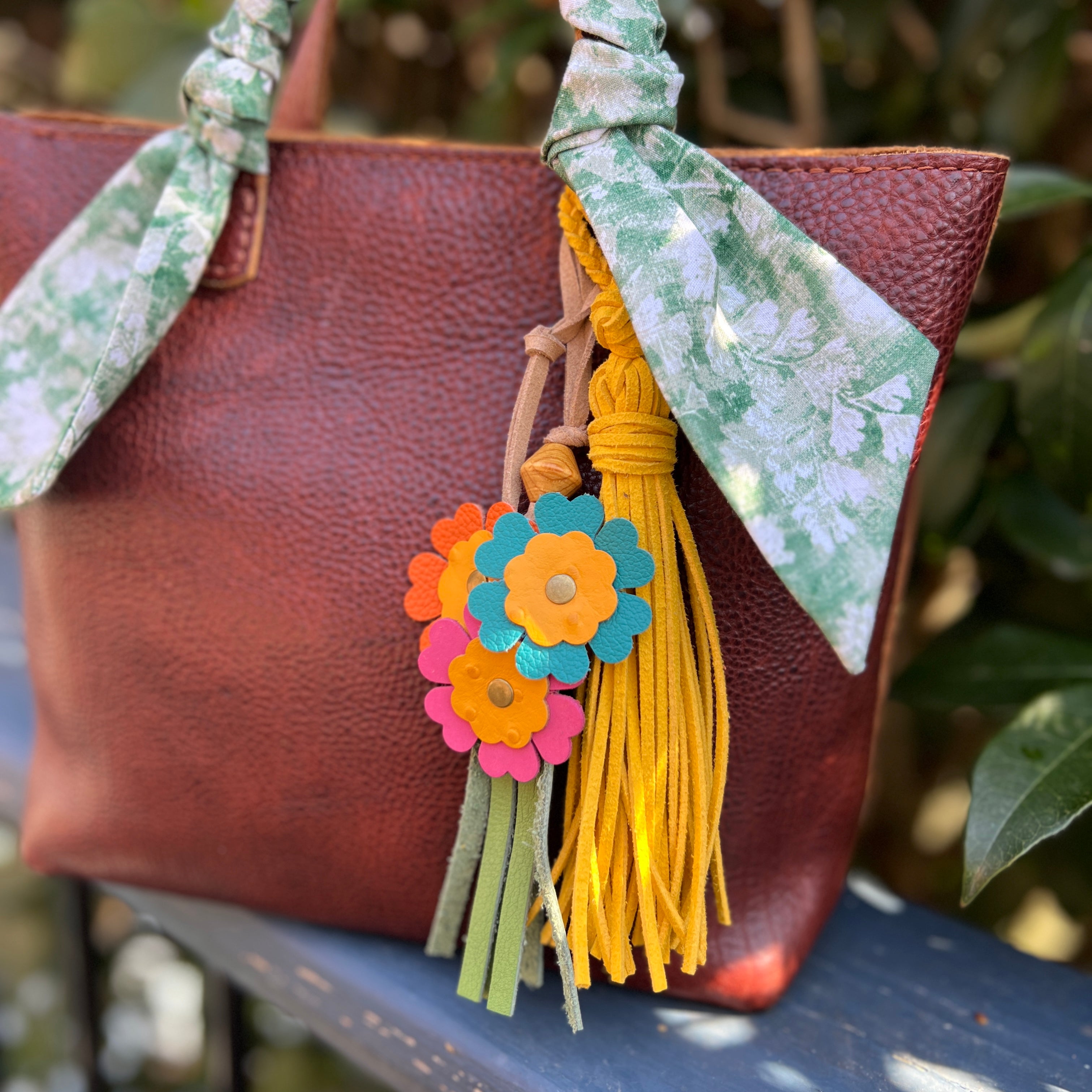 leather tassel and flowers bag charm