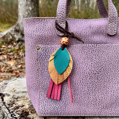 Leather Tassel Bag Charm - Pink, Orange and Turquoise