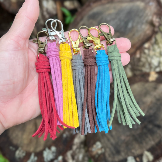 Six suede tassel keychains in red, pink, yellow, gray, brown, and blue, held in a person's hand against a blurred outdoor background of rocks and foliage.