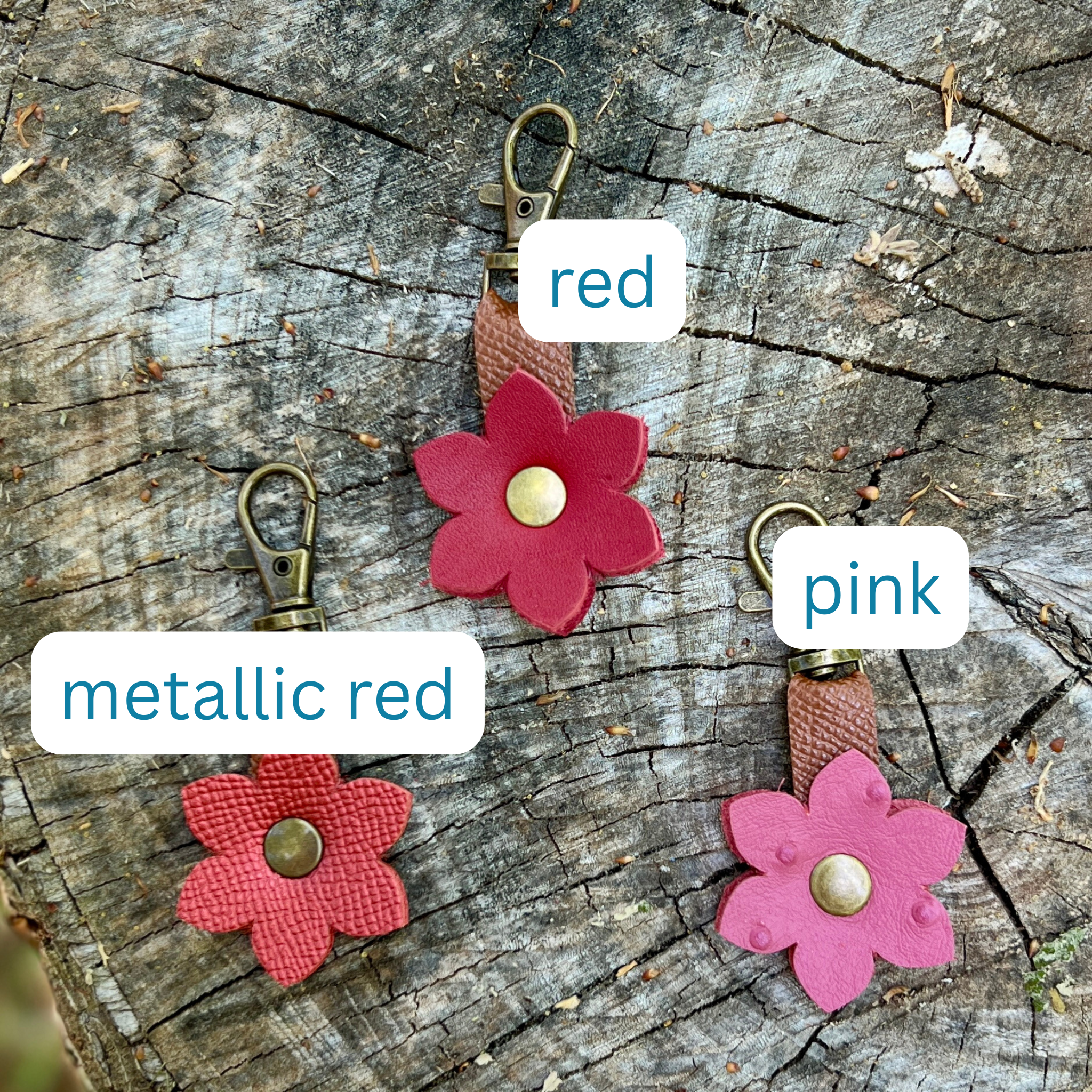 mini flower leather bag charms in shades of pink and red
