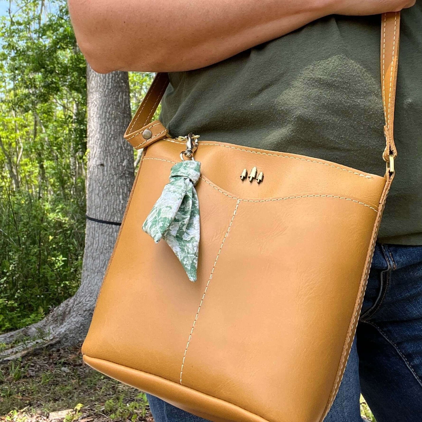 Purse Scarf Mini Key Chain - green leaf on yellow bag
