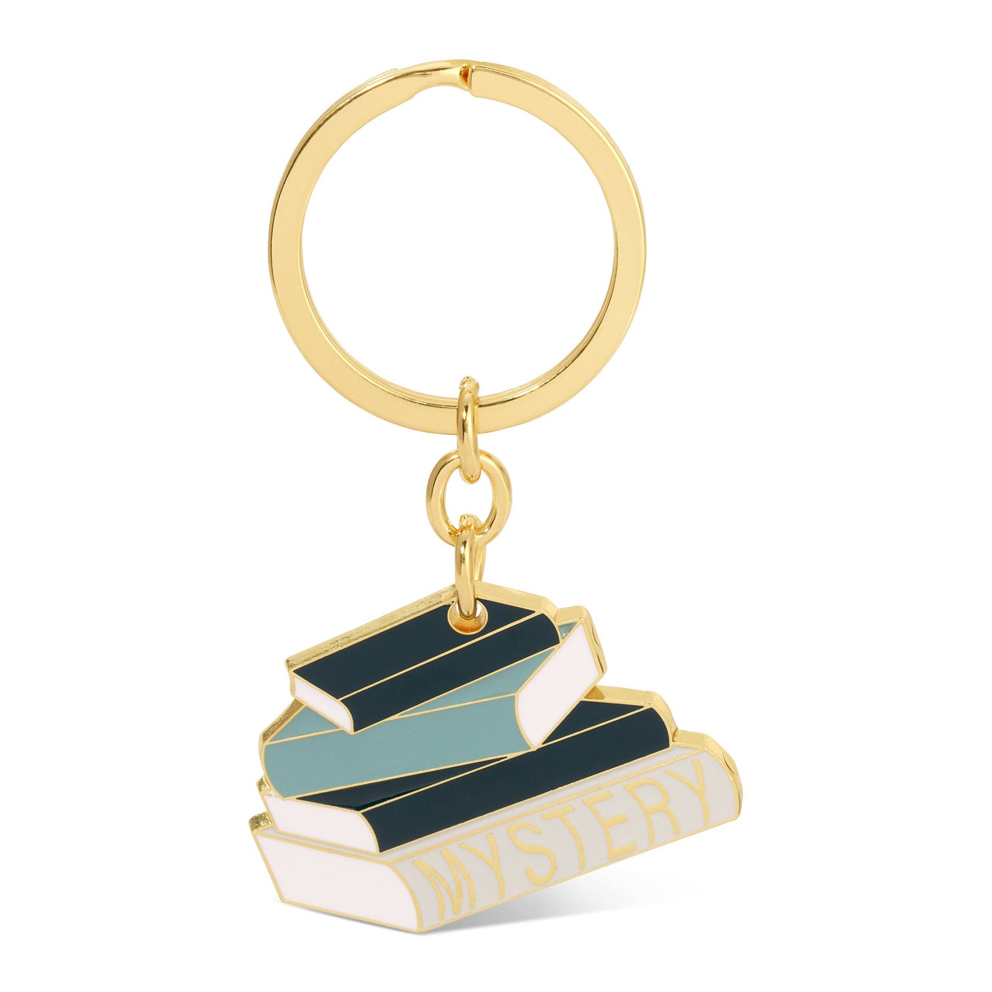 A gold-tone metal keychain featuring a charm shaped like a stack of books with the word 'MYSTERY' in gold lettering on a white book, set against a plain white background.