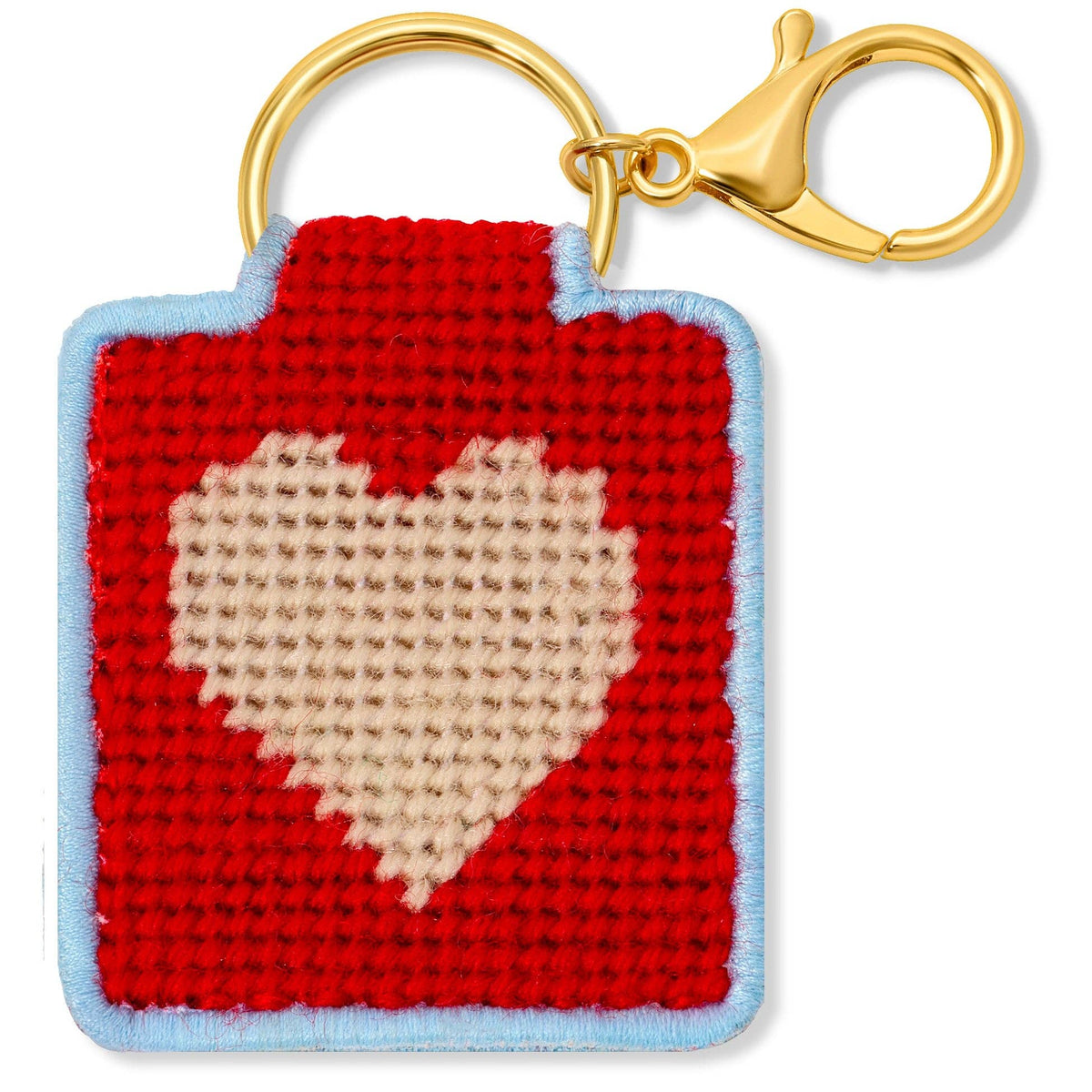needlepoint keychain kit with red heart close up