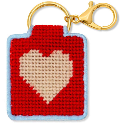 needlepoint keychain kit with red heart close up