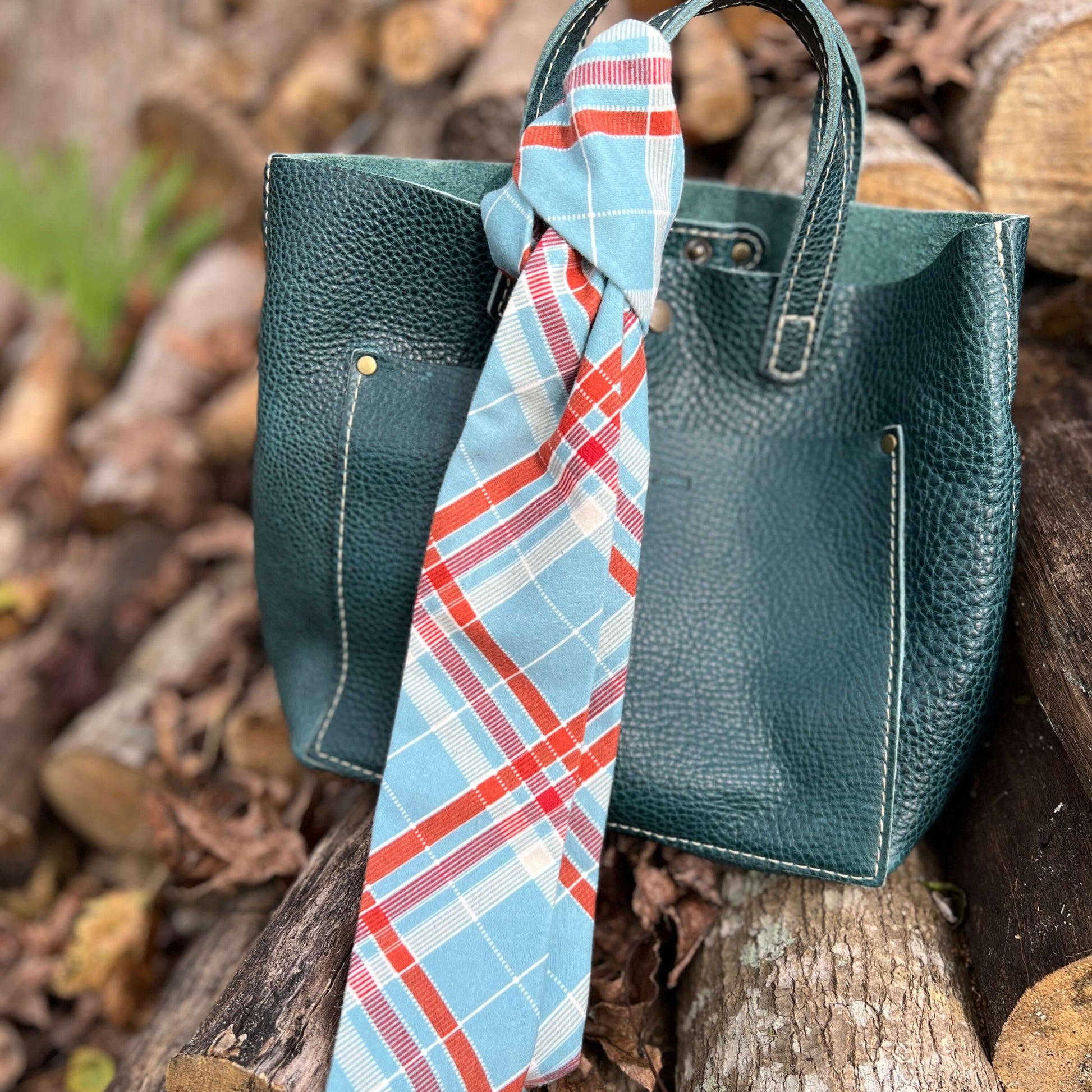 Purse Scarf - Skinny Fall Light Blue Plaid Flannel