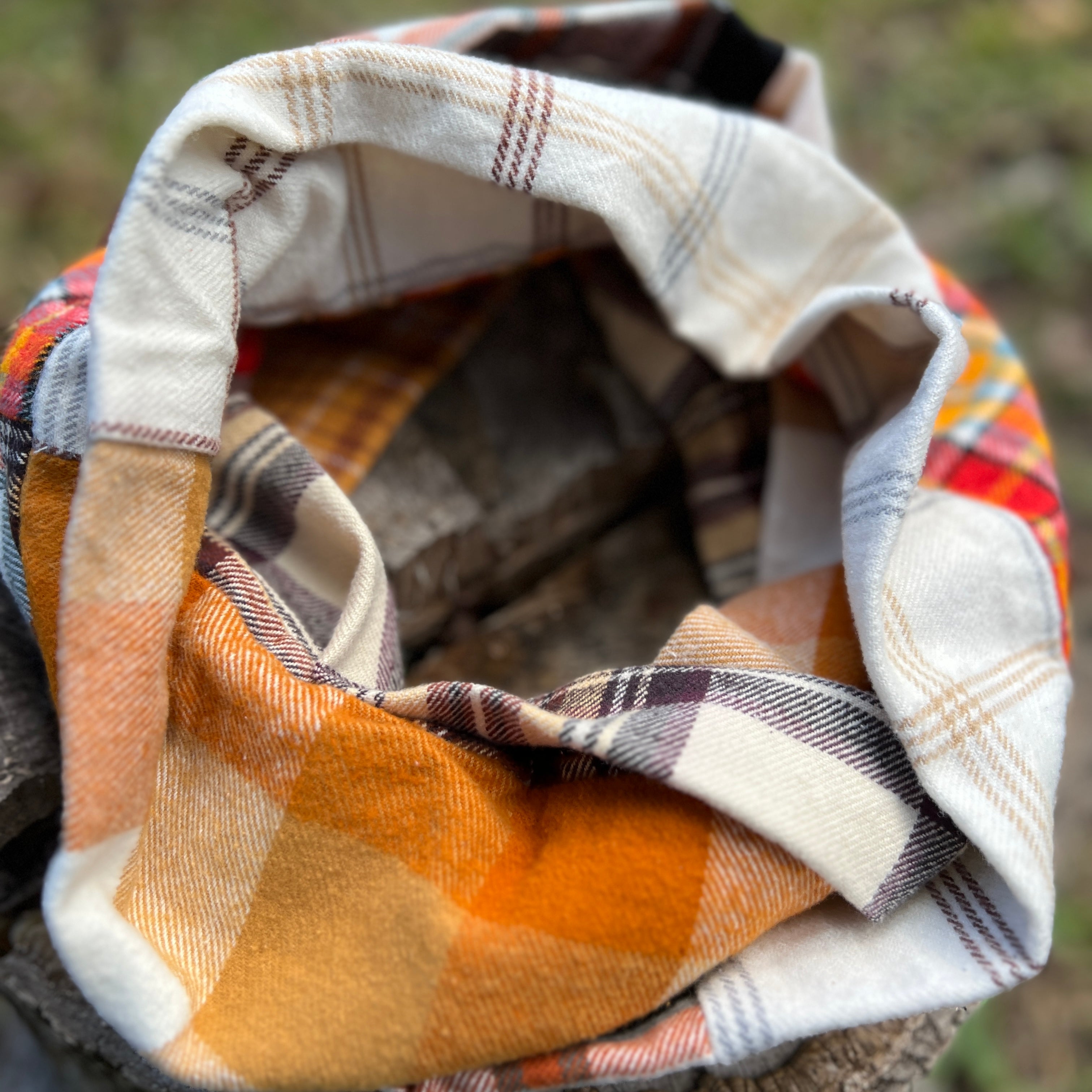 patchwork infinity scarf in orange and brown plaid