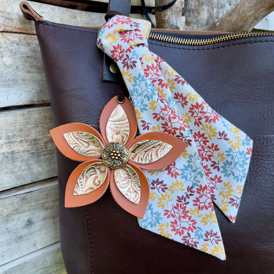 Leather Flower Bag Charm - Large Flower with Loop - Deep Orange with Golden Floral