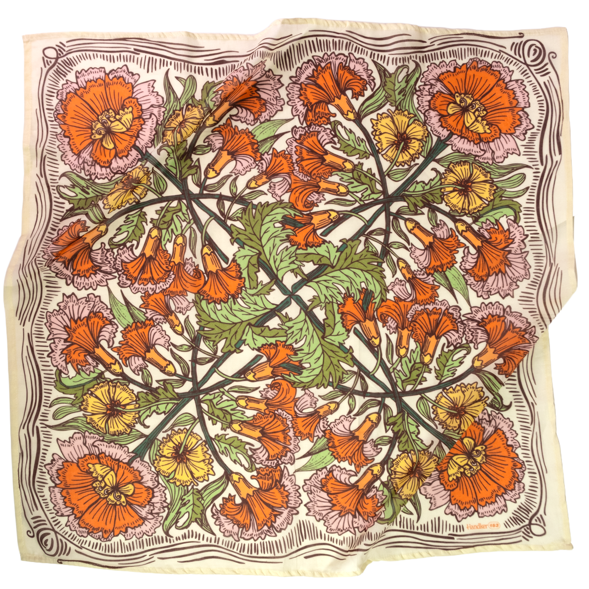 A square cotton scarf featuring a vintage botanical pattern of orange poppies, yellow centers, and green leaves on a cream background with a dark brown border.