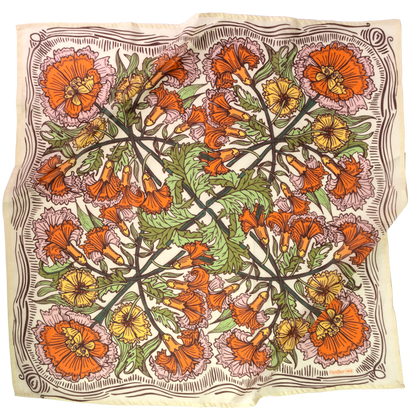 A square cotton scarf featuring a vintage botanical pattern of orange poppies, yellow centers, and green leaves on a cream background with a dark brown border.
