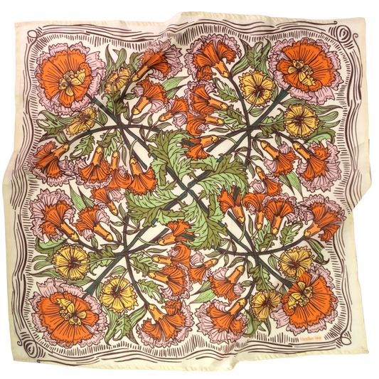 A square cotton scarf featuring a vintage botanical pattern of orange poppies, yellow centers, and green leaves on a cream background with a dark brown border.