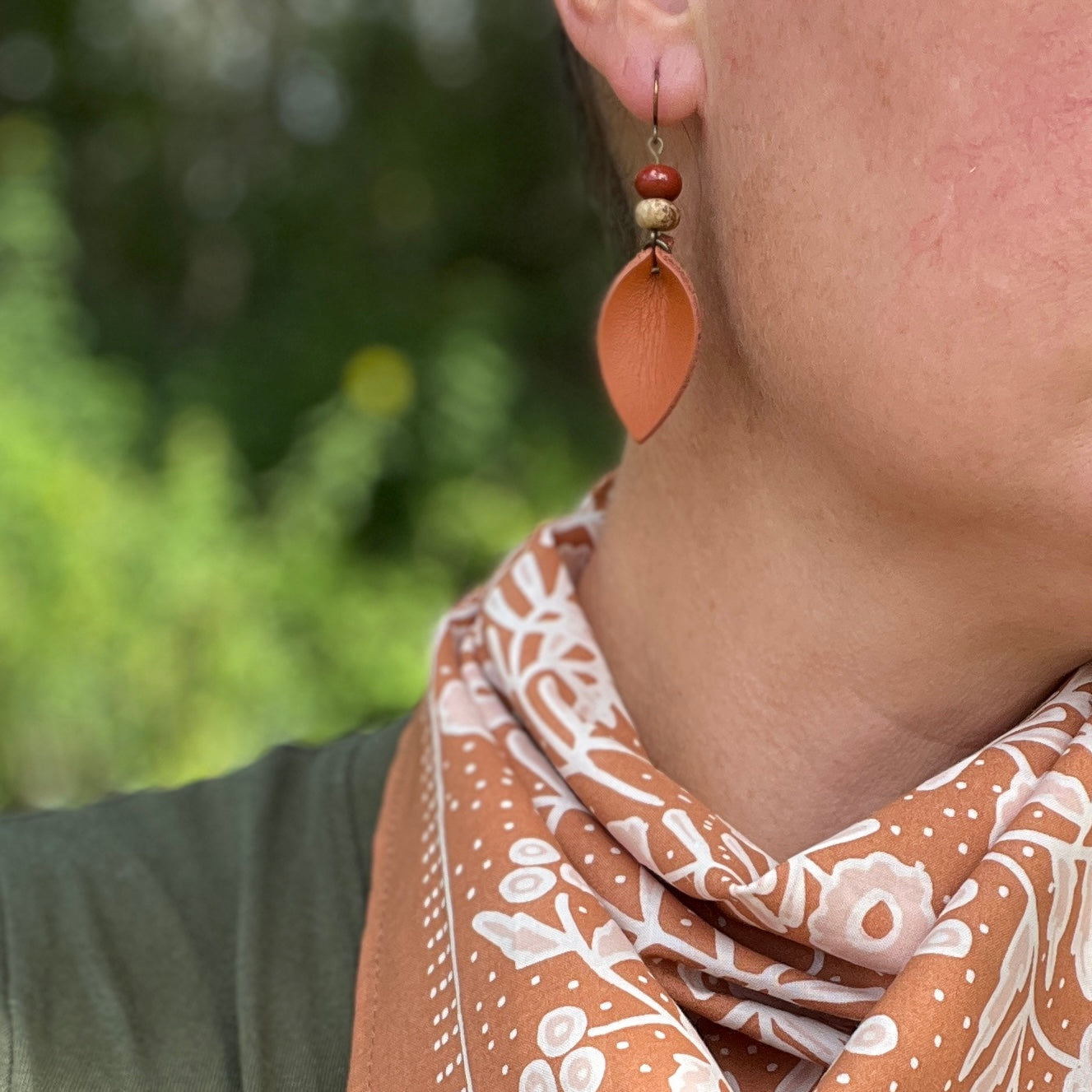 orange leather earrings with jasper
