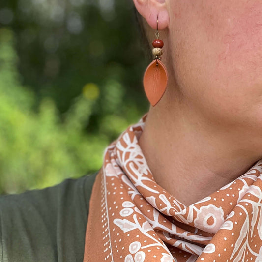 orange leather earrings with jasper