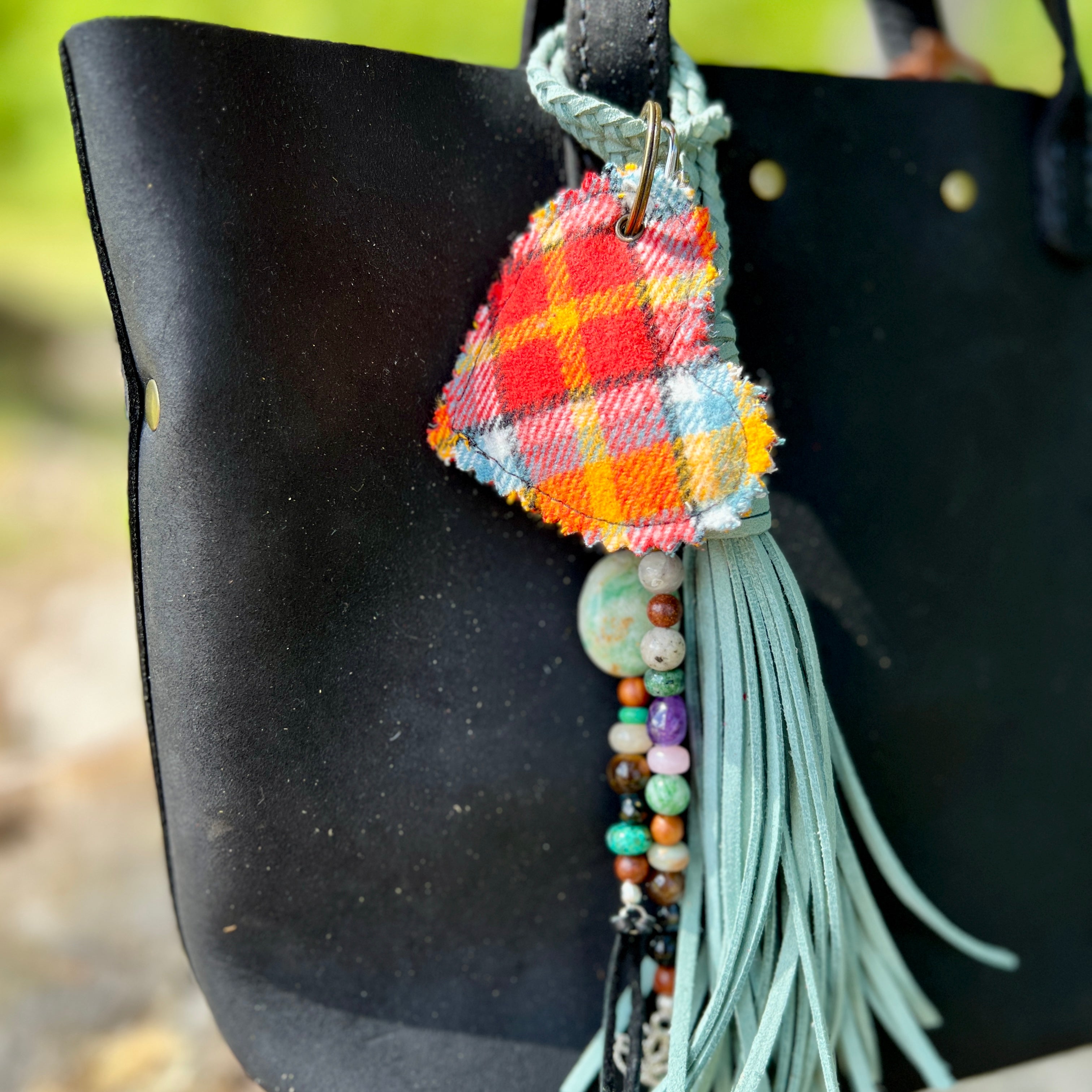orange plaid flannel heart purse charm with blue tassel and beaded charm