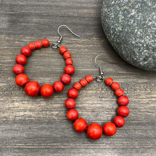 vibrant deep orange wood bead hoop earrings