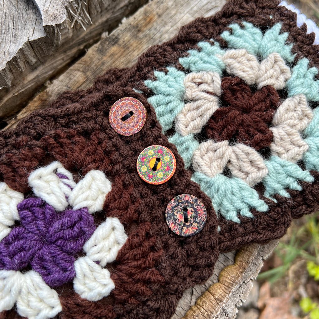 patchwork ear warmer in brown with buttons