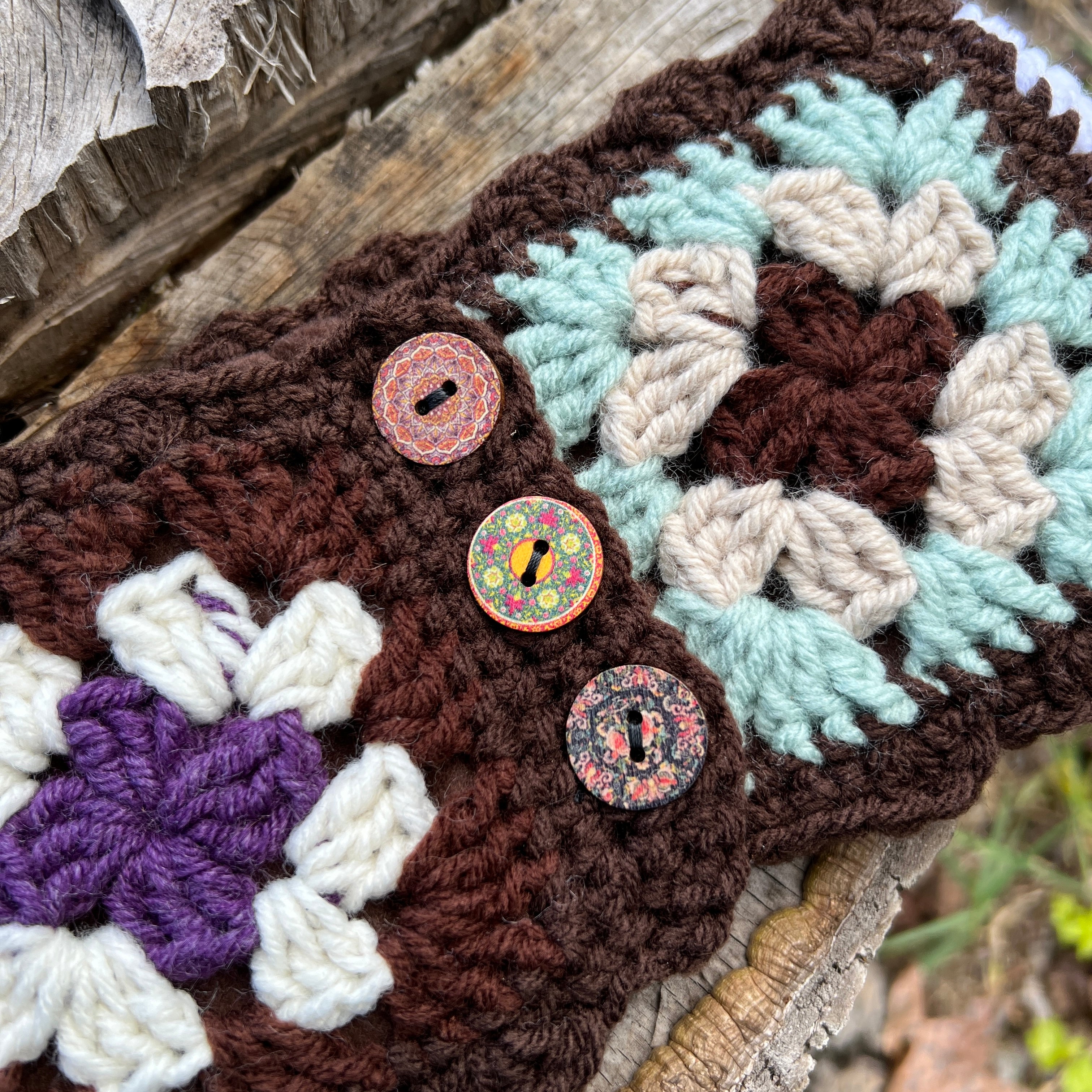 patchwork ear warmer in brown with buttons