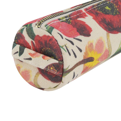 Floral-patterned cylindrical pouch with a zipper on a white background