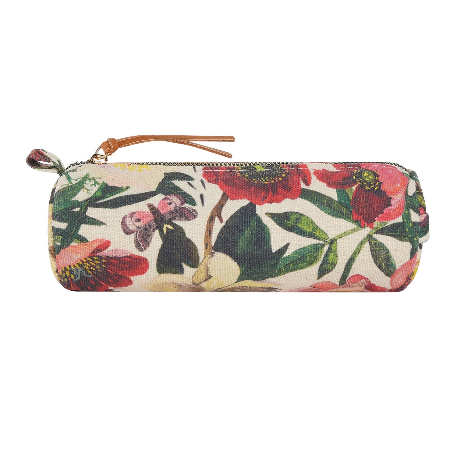 Floral-patterned pouch with a brown handle on a white background