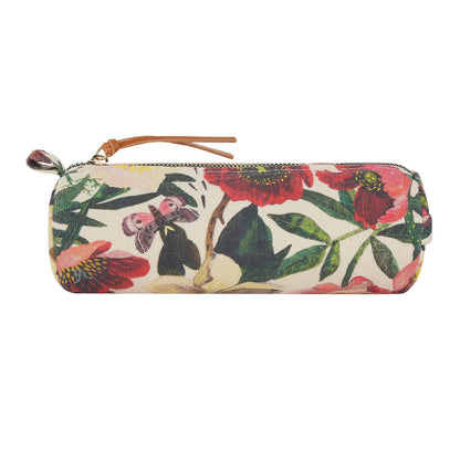 Floral-patterned pouch with a brown handle on a white background