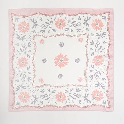 pink and gray floral square scarf on white background
