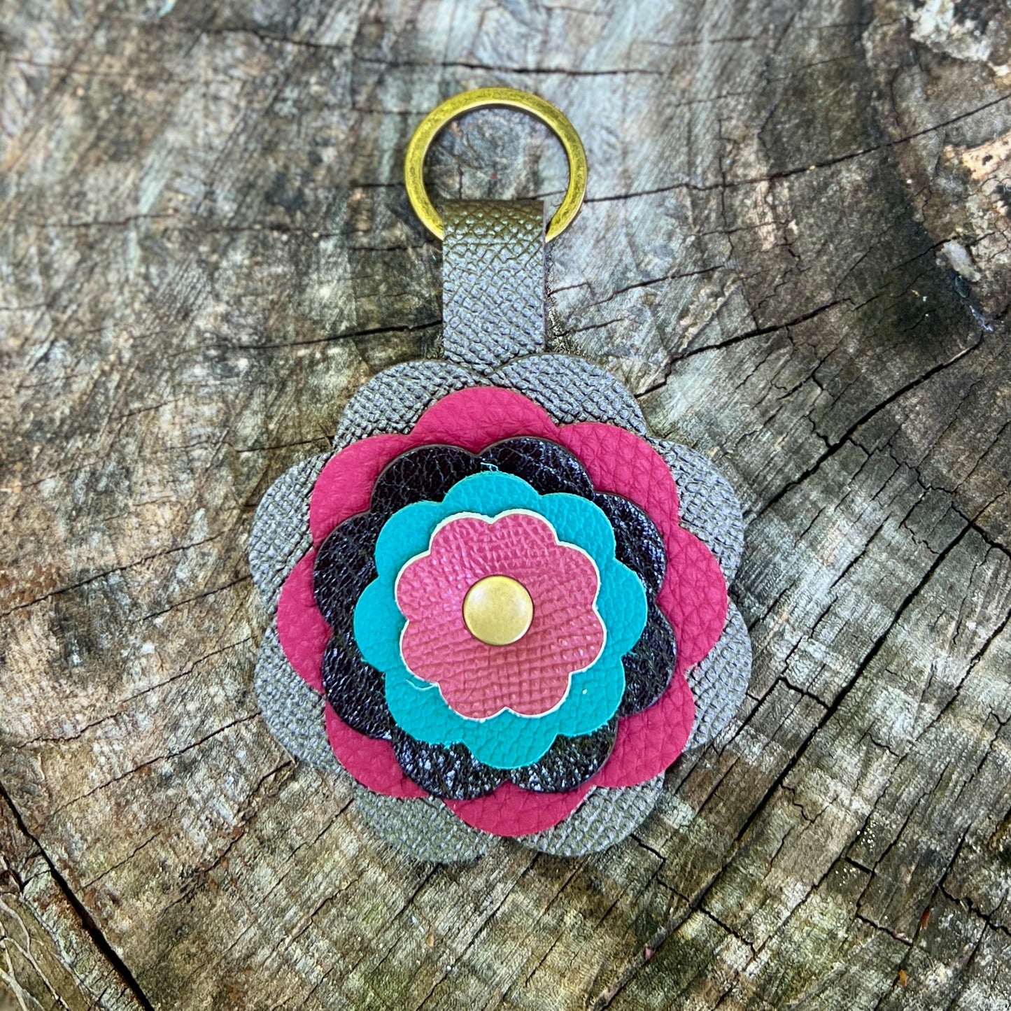pink and gray leather flower bag charm