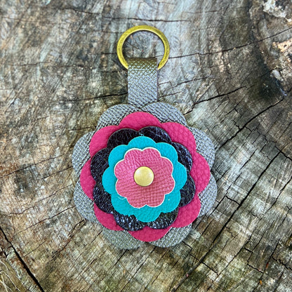 pink and gray leather flower bag charm