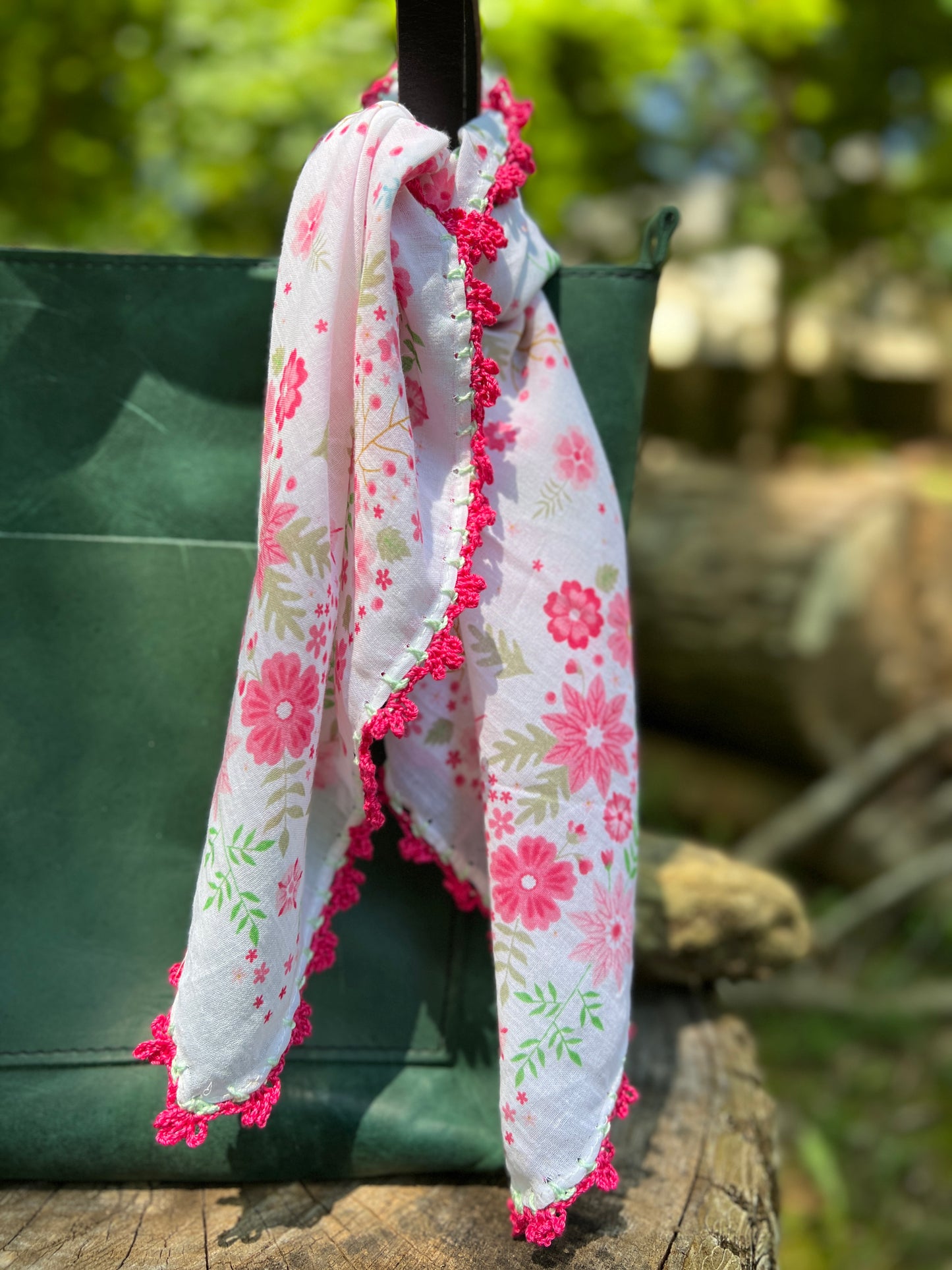 pink floral bandana scarf with crochet lace edging
